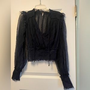 Free People Navy Sheer Long Sleeve Top